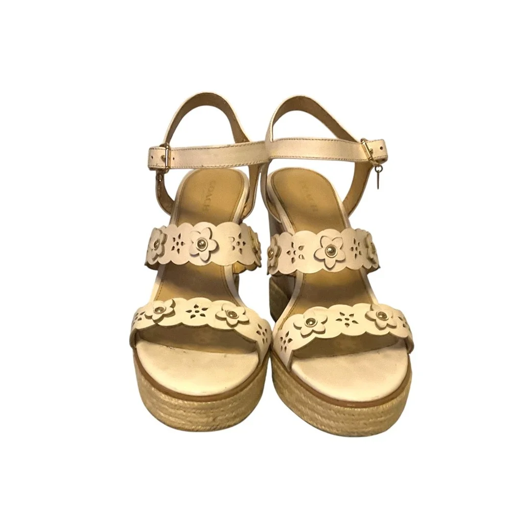 Coach Womens Chalk Leather Scalloped Floral Espadrille Wedge Sandals Size 9 B